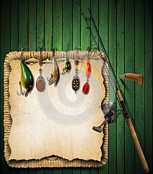 Fishing Tackle Green Wood Background