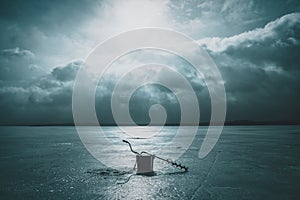 Fishing tackle on the ice of the lake. Ice fishing