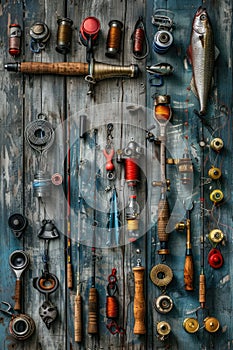 fishing tackle on a wooden background. selective focus