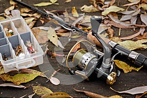 Fishing tackle on wooden surface.