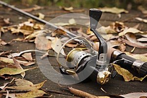 Fishing tackle on wooden surface.