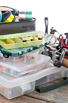 Fishing tackles and baits in box