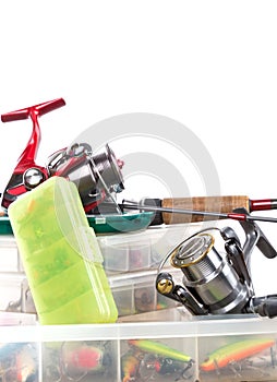 Fishing tackles and baits in box