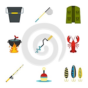 Fishing tackles icons set, flat style