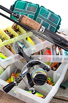 Fishing tackles and lures in box