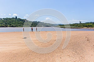 Fishing Three Men Riverbank Valley Landscape