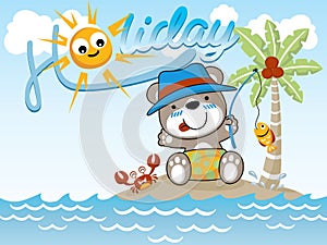 Fishing time at summer holiday with little bear. Vector cartoon illustration