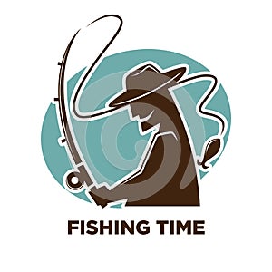 Fishing time icon for fisherman club or fishery sport resort logo