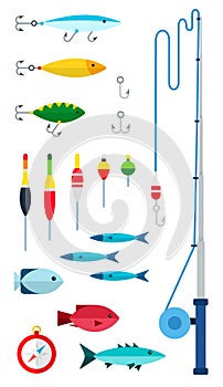 Fishing tools for the fisherman. Vector flat icons. Fishing as a hobby.