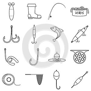 Fishing tools items icons set, outline style