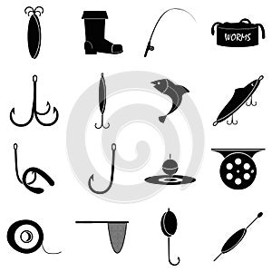 Fishing tools items icons set, simple style