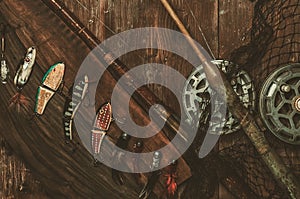 Fishing tools on a wooden table