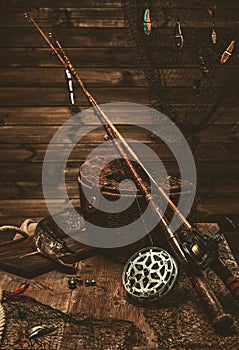 Fishing tools on a wooden table