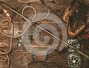 Fishing tools on a wooden table