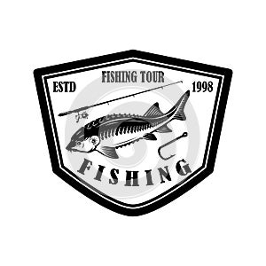 Fishing tour. Emblem template with sturgeon fish and fishing rod. Design element for logo, label, sign, poster.