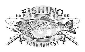 Fishing tournament emblem. Caught large fish and crossed fishing rods of fisherman, badge template. Vector illustration