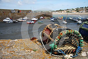 Fishing trap and anchored fishing botes photo