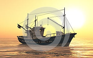 Fishing trawler in the open sea at sunset