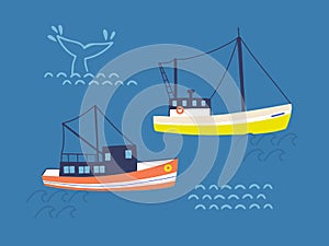 Fishing trawlers in open sea flat vector illustration. Commercial whaling boats and huge whale tail in ocean. Whaler