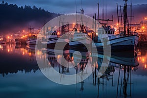 fishing trawlers reflection on water during twilight