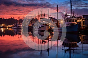 fishing trawlers reflection on water during twilight