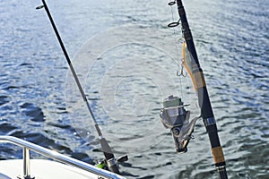 The fishing trolling against the background of the river