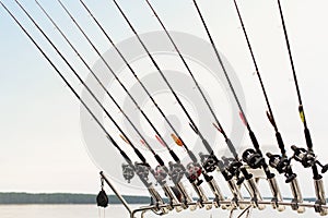 Fishing trolling boat on a forest lake, nature vacation unplugged