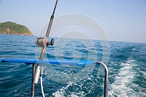 Fishing trolling tuna with a motor boat in the Andaman sea, coast Thailand