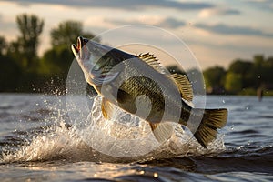 Fishing trophy - large freshwater bass jumps out of the water into the air.