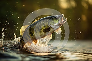 Fishing trophy - large freshwater bass jumps out of the water into the air.