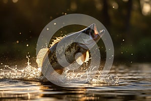 Fishing trophy - large freshwater bass jumps out of the water into the air.