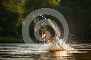 Fishing trophy - large freshwater bass jumps out of the water into the air on a green background.