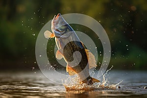 Fishing trophy - large freshwater bass jumps out of the water into the air on a green background