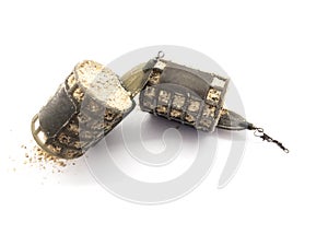 Fishing troughs and fish bait isolated on white background. Set of fish feeders.