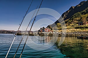 fishing vacation in Selje norway. Rod and reel are ready to fish. a paradise for anglers