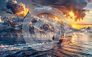 A fishing vessel sails among the waves in a Nordic landscape at sunset