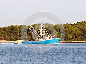 The fishing vessel for squid extraction returns in the early morning sailing past the green shore. Catch of cephalopods in the Adr