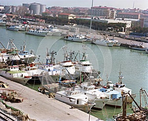 Fishing vessels moored in the river port in Pescara, Abruzzo