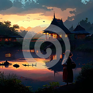 fishing vilage sihlouette of little girl photo