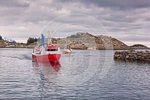 Fishing village Henningsvaer in Lofoten Islands, Northern Norway in cod skrei season