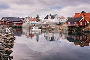 Fishing village Henningsvaer in Lofoten Islands, Northern Norway in cod skrei season