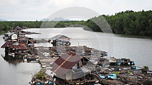 Fishing village. Huts, shacks, raft and pontoon are floating in river. Phang-nga Thailand