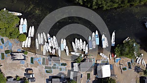 A fishing village in Junggutbatu Village, Nusa Lembongan, Bali as seen by drone from an aerial view. the white sand, traditional