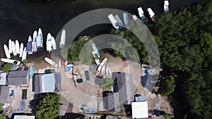 A fishing village in Junggutbatu Village, Nusa Lembongan, Bali as seen by drone from an aerial view. the white sand, traditional