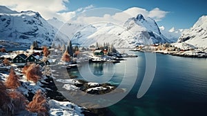 Fishing village in Lofoten islands, Norway. Beautiful winter landscape