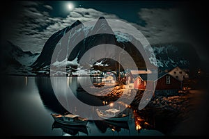 Fishing village on Lofoten islands in Norway at night
