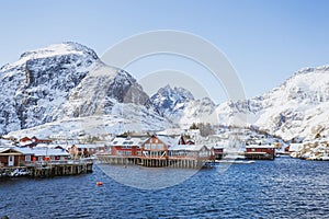 Fishing village with a pier for ships on the Lofoten Islands in Norway