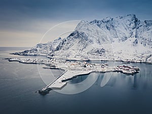 Fishing village Reine - aerial view at cold, winter morning