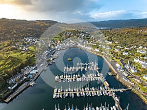 The Fishing Village of Tarbert in Scotland Aerial View