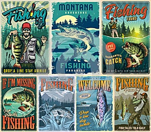 Fishing vintage colorful posters collection